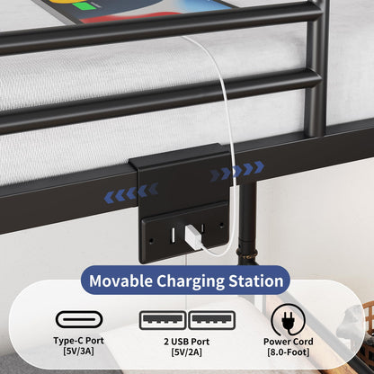 Jocoevol Metal LED Bunk Bed Twin Over Twin with 2 Storage Drawers, USB Charging Station, Industrial Bunkbeds Heavy Duty Bed with Safety Guardrail and Ladder, No Box Spring Needed, Vintage Brown