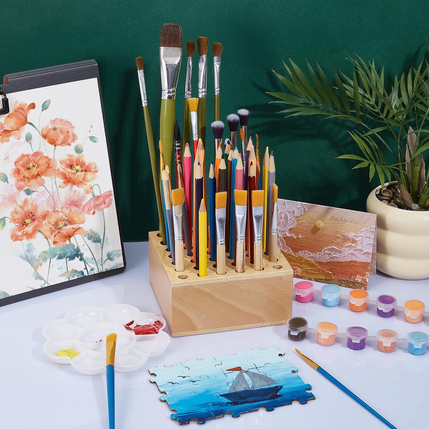 twinklemon Beechwood Paint Brush Holder 42 Holes Paint Brush Storage Organizer Paintbrush Holder Organizer Wooden Block Pencil Holder for Makeup Brushes Pens and Art Tools
