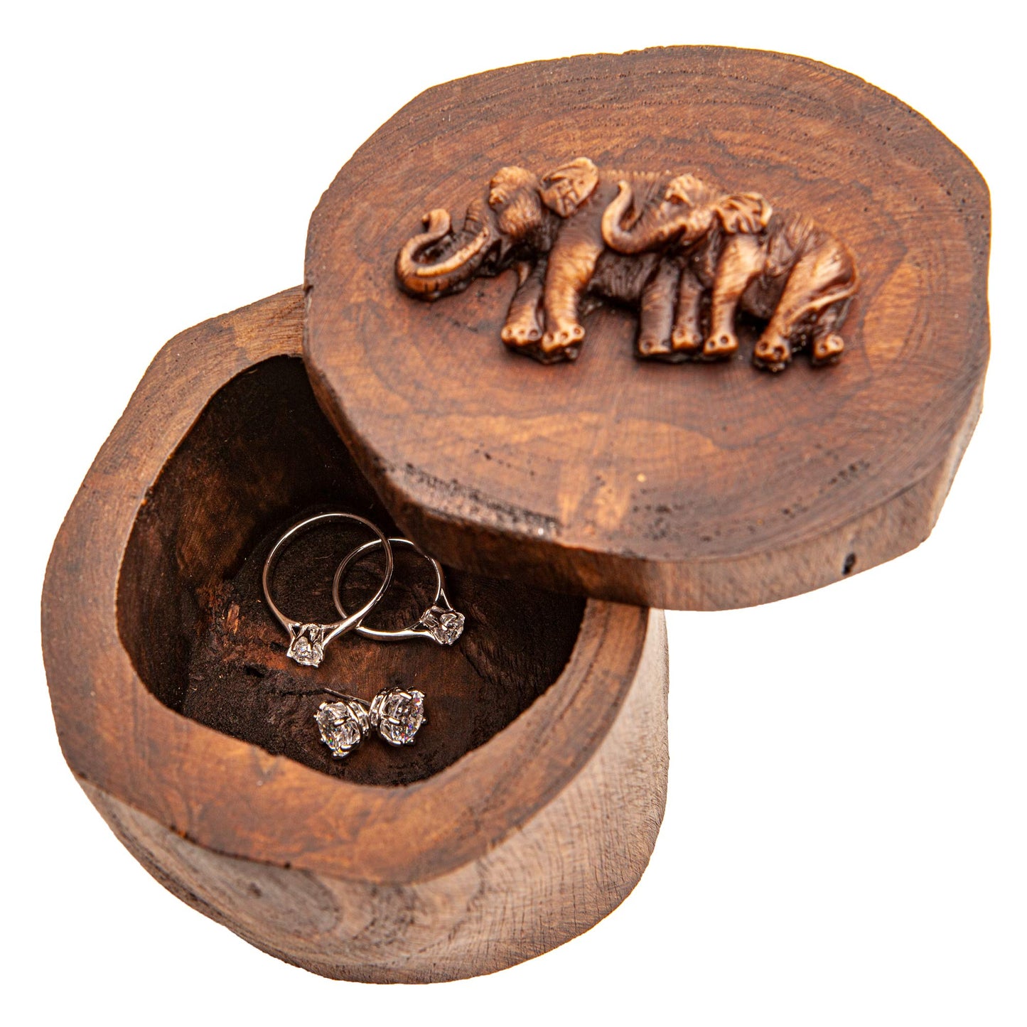 IYARA CRAFT Rustic Elephant Jewelry Box 4x6 - Hand Carved Mother & Father Elephant Family in Genuine Teak Wood. Traditional Antique Look, Ideal for Women, Gift, Srorage, Presentation