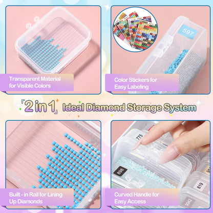 Glotrove Diamond Art Storage Containers Trays, 45pcs Diamond Painting Trays with Lids, 2-in-1 Beads, Gems & Drills Storage and Line-Up Accessories for Diamond Painting