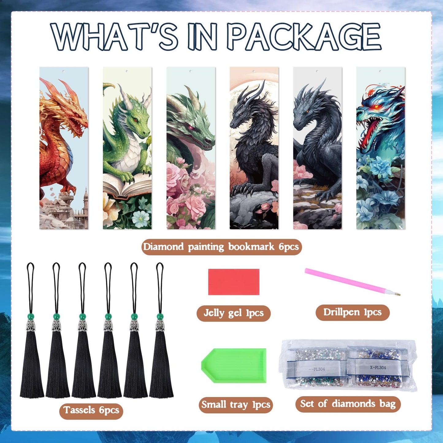 Sitsink Dragon Art Kits - 6 Pc Diamond Bookmarks with Tassels, Fantasy Creature Dragon Painting Kits for Adults