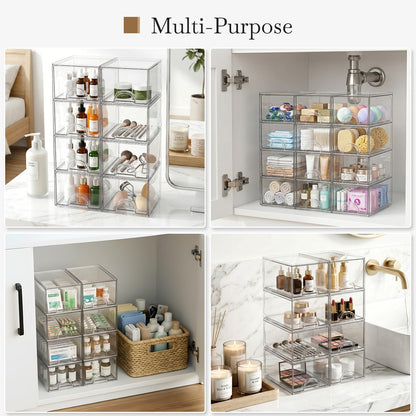Zeawec 8 Pack Small Clear Stackable Acrylic Storage Boxes for Art Tool & Sketch, Storage Drawers, Storage Organizer, Clear Plastic Makeup Organizer, Ideal for Vanity, Cabinet, Desk Organization