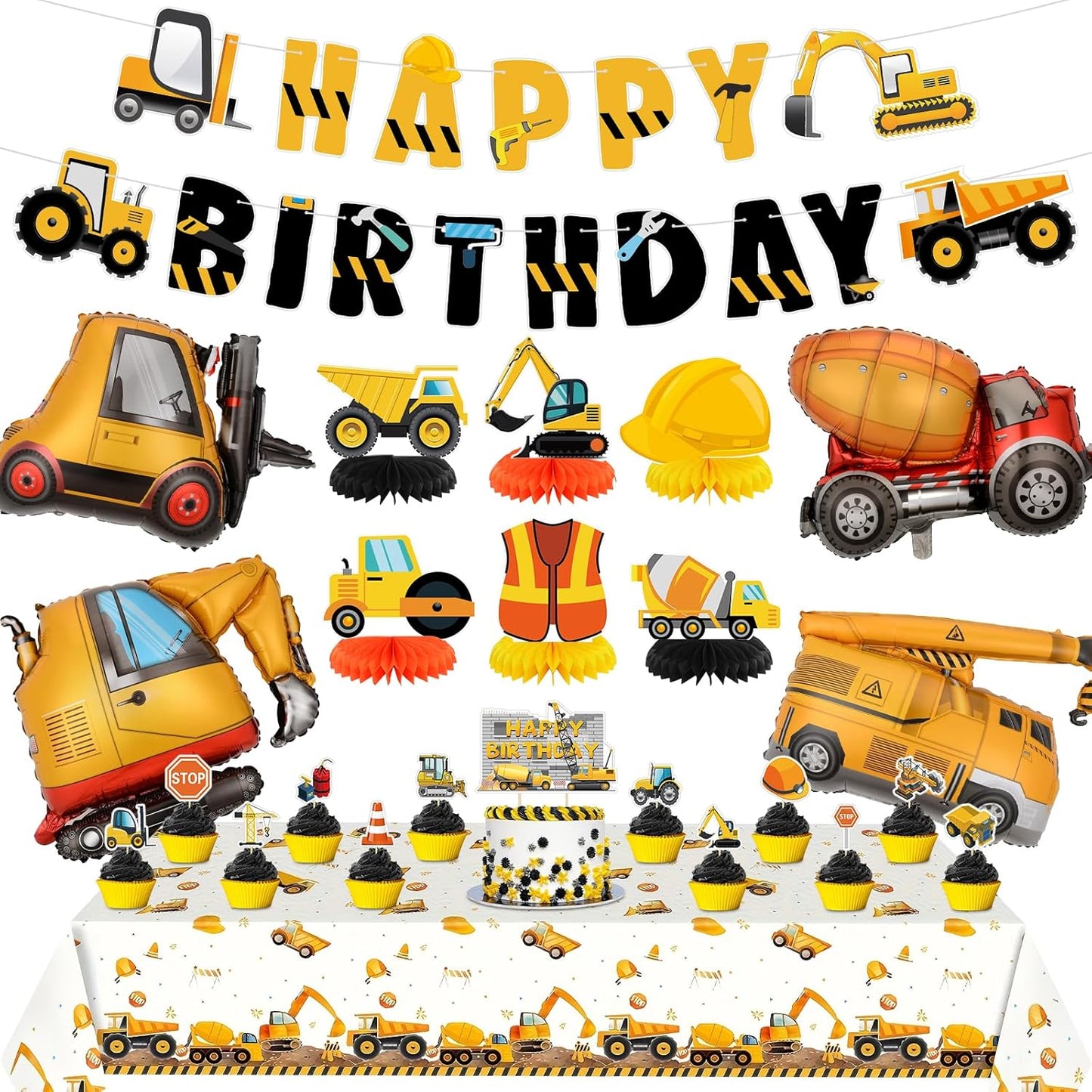 Set 4 Construction Birthday Party Supplies for Boy Birthday Decorations with Foil Truck Balloons Happy Birthday Banner