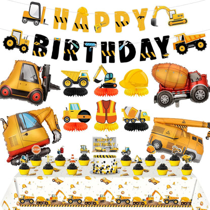 Set 4 Construction Birthday Party Supplies for Boy Birthday Decorations with Foil Truck Balloons Happy Birthday Banner