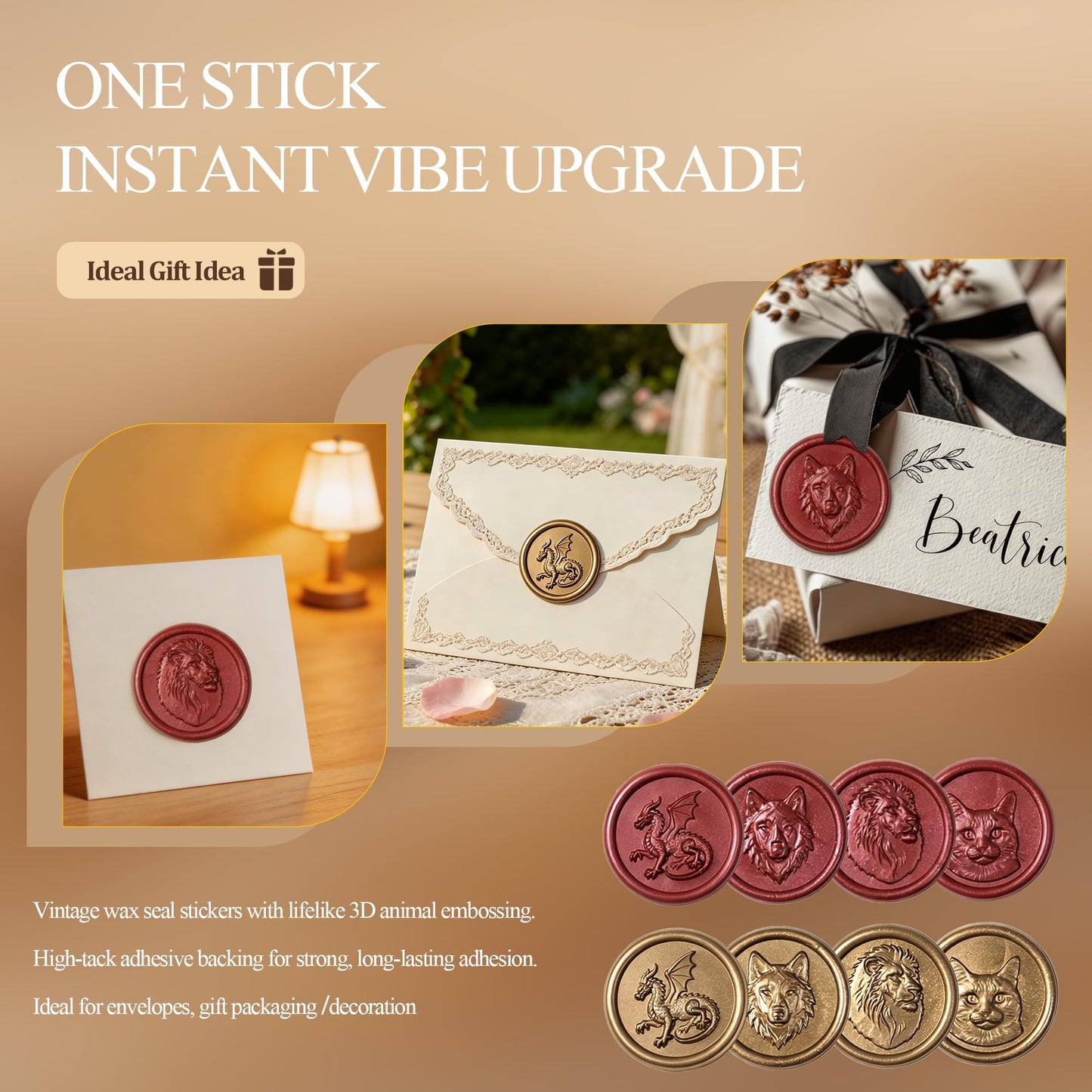 Mceal Wax Seal Stickers - 50 Pcs Gold Cat 3D Embossed Stickers with Strong Adhesive 30mm/1.18Inches Diameter for Invitation Gift Wrapping Christmas Holiday
