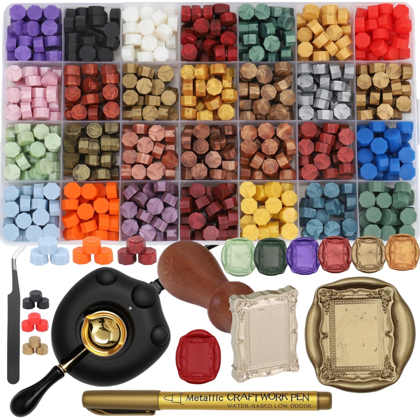 Frame Seal Stamp Kit, 728 Pcs Sealing Wax Beads Set with Electric Wax Seal Warmer Melting Furnace, Frame Waxstamp, Gold Melt Pen, Tweezer (K001)
