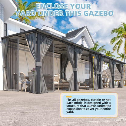AECOJOY 14' x 10' Gazebo for Patio, Hard Top Lean to Gazebo Pergola with Curtains and Mosquito Netting, Large Wall-Mounted Heavy Duty Awnings for Patio, Decks, Backyard and More