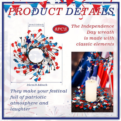 8 Pcs Mini 4th of July Candle Ring Wreaths Patriotic Red White and Blue Artificial Pillar Candle Holder Wreath for Farmhouse Independence Day Memorial Day Porch Front Door Cabinets Table Decoration