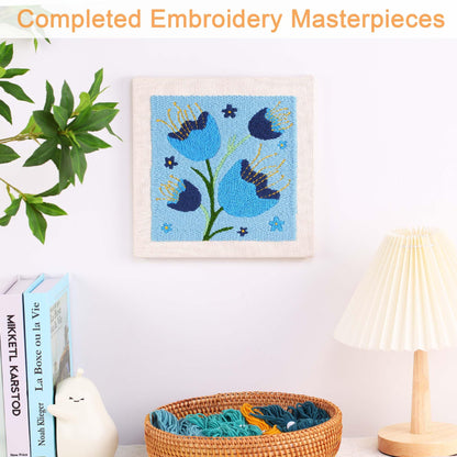 REEWISLY Embroidery Starter Kits for Beginner,Punch Needle Fabric with Pattern,Threader, Yarns,Pinch Needle, Embroidery Hoops & Rug Punch (Blue1)