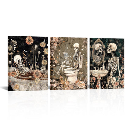 FuShvre Skeleton Bathroom Decor Moody Skeleton Wall Art Pictures for Bathroom Gothic Painting for Home Decoration Framed 12x16 inch each piece (Coral)