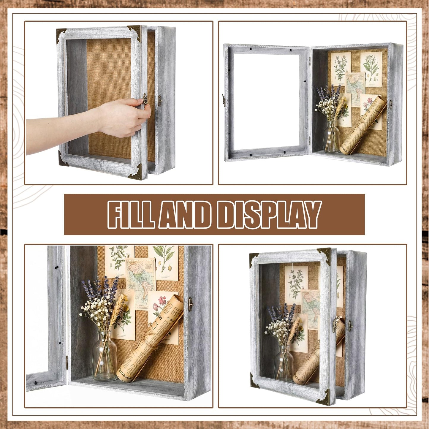 Cinnvoice 11x14 Inch Shadow Box Depth 4.7in Shadow Boxes Display Cases with Cork Board Backing Rustic Burnt Wood Box for Flowers Bouquet Wedding Picture Photo and Keepsake(Grey)