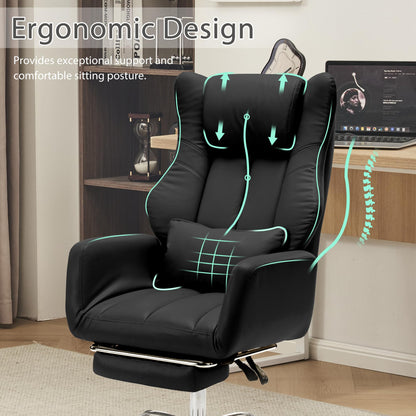 Ergonomic Cloud Cross Legged Office Chair with Footrest,Leather Big and Tall Executive Chair with Wheels,Reversible Armrest,155° Reclining Computer Wide Desk Chair for Home,Office (Black)