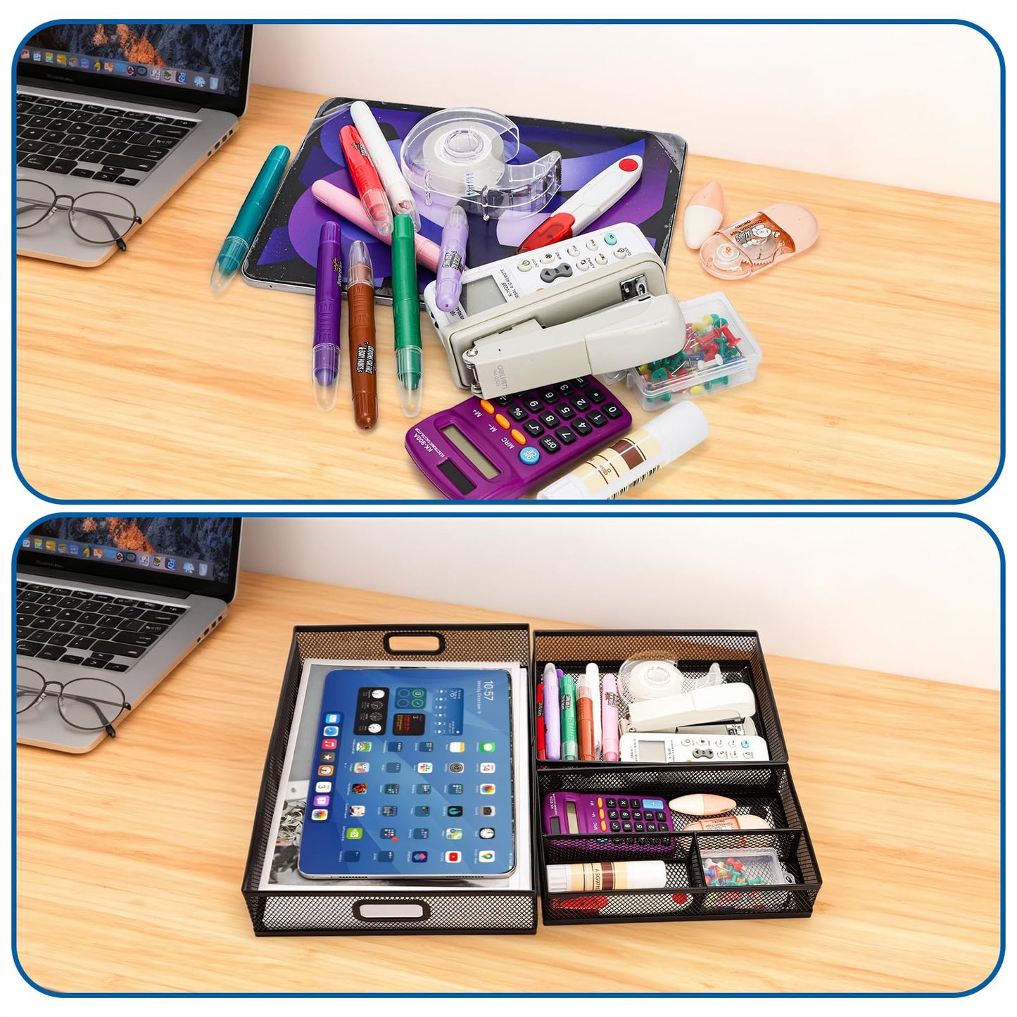 Noamus 3 Pack Office Drawer Organizer, Desk Drawer Divider Tray, Metal Mesh Desktop Basket, 6 Compartments Pen Storage Box for Makeup, Stationery, Office Supplies & Accessories, Kitchen(Black,3 Size)