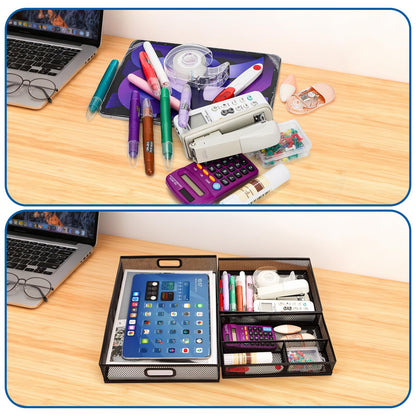 Noamus 3 Pack Office Drawer Organizer, Desk Drawer Divider Tray, Metal Mesh Desktop Basket, 6 Compartments Pen Storage Box for Makeup, Stationery, Office Supplies & Accessories, Kitchen(Black,3 Size)