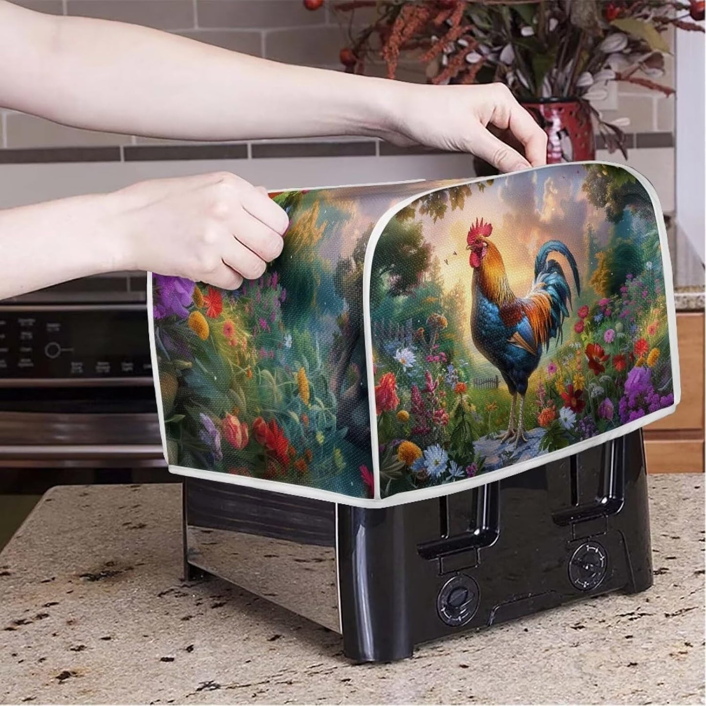 Rooster Bread Maker Cover, Washable 2 Slice Dust Cover, Anti-Sputtering Kitchen Appliance Protection (Green)
