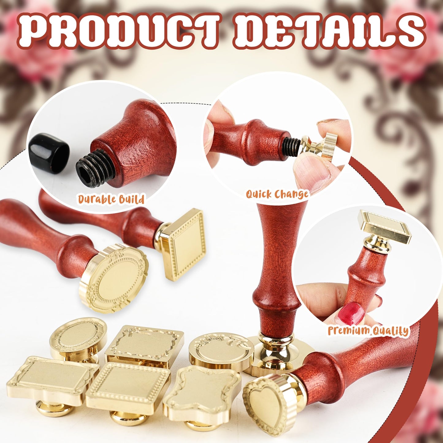 8 Set Frame Wax Seal Stamp Kit 8 Pcs Brass Wax Seal Head 8 Pcs Wood Handle Vintage Photo Frame Stamp for Wedding Invitations Scrapbooking Letters