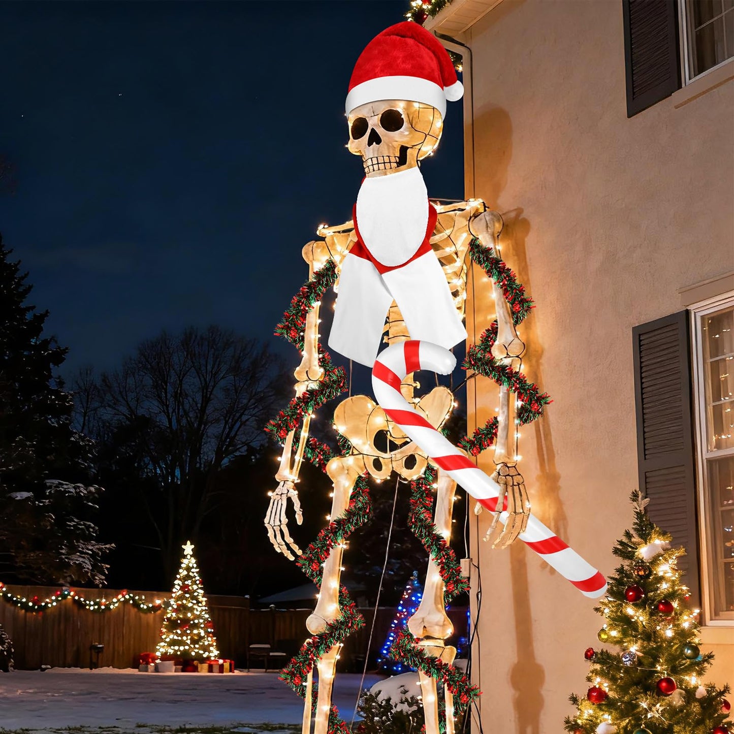 DECYOOL 12 ft Skeleton Santa Outfit, Christmas Skeleton Costume Accessories Set Santa Hat Scarf Beard Tinsel Garlands and Inflatable Candy Cane for Outdoor Indoor Garden Props Festival Decor
