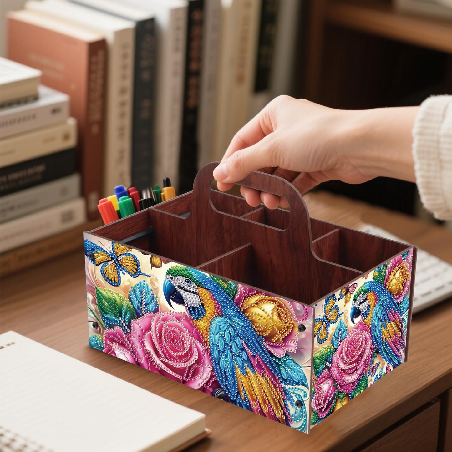DIY Diamond Painting Storage Box Parrot and Rose Design, Diamond Art Wooden Organizer with Handle and 5 Compartments, Portable Desktop Craft Storage Basket for Art Supplies