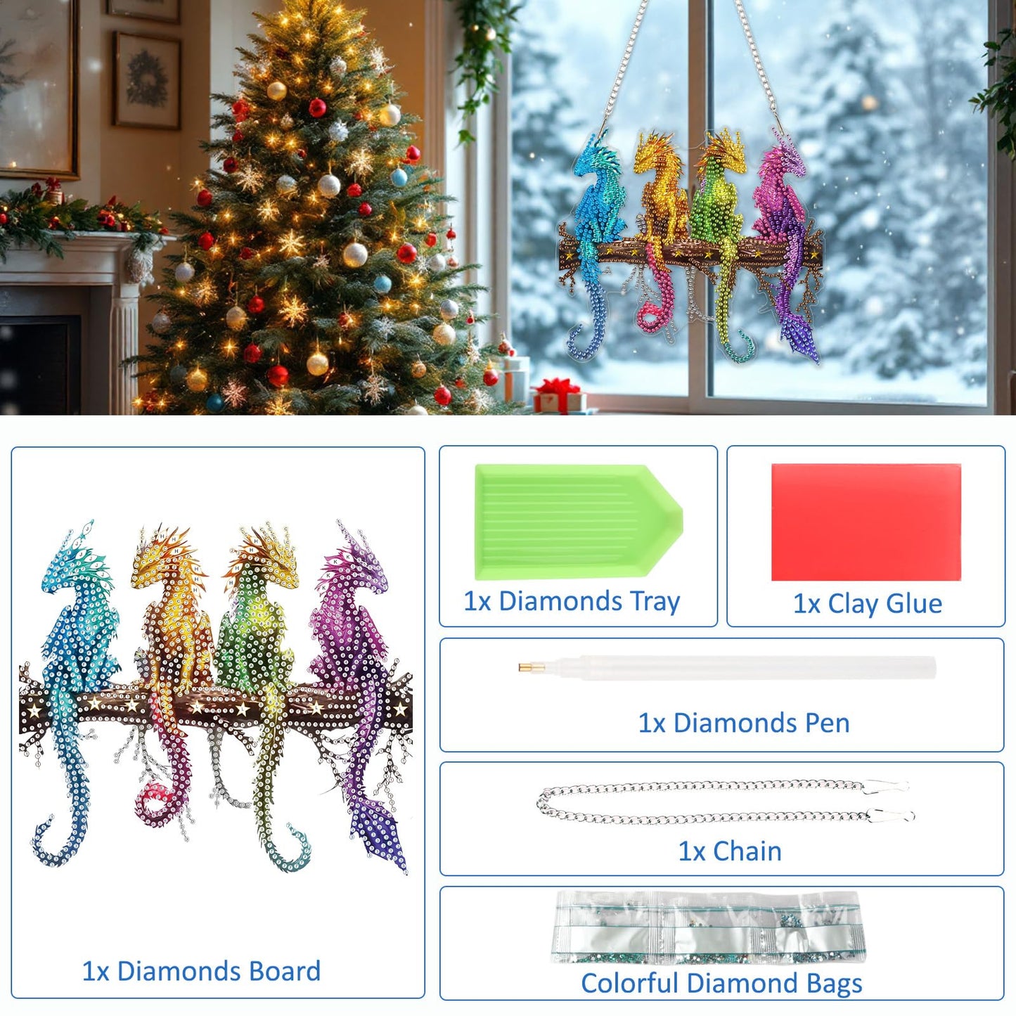 SENQAO Dragon Diamond Art Hanging Kits for Adults Kids, Double Sided DIY Acrylic Diamond Art Painting Window Pendants Home Garden Wall Hanging Kits Hanging Ornament