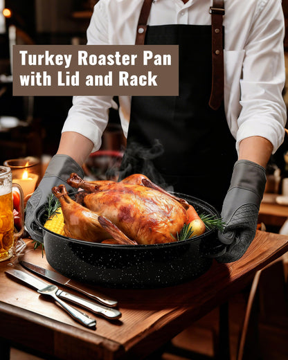 MCCSI Roasting Pan with Lid & Rack 18 Inch Extra Large Deep Oven Baking Pot, Enamel Granite Non-Stick Oval Carbon Steel Pot for Turkey Chicken Ham Steak Non-Toxic for Mother Day Gift Roaster Pan