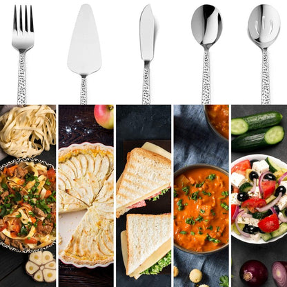 65-Piece Silverware Set with Serving Pieces, E-far Stainless Steel Hammered Flatware Eating Utensils Service for 12, Modern Tableware Cutlery Set with Square Edge, Mirror Polished, Dishwasher Safe