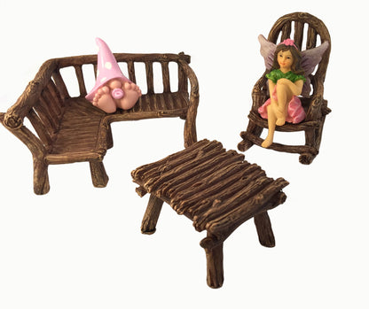 GlitZGlam Miniature Fairy Garden Furniture 3-Piece: Rustic Wood Bench, Rocking Chair and Miniature Table for The Garden Fairies