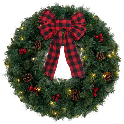 DEWBIN 24 Inch 2FT Christmas Wreath, 30 LED Lights Christmas Wreaths for Front Door with Bow Red Berries Pine Cones, Prelit Timer Home Decor, Xmas Wall Windows Decorations Indoor Outdoor