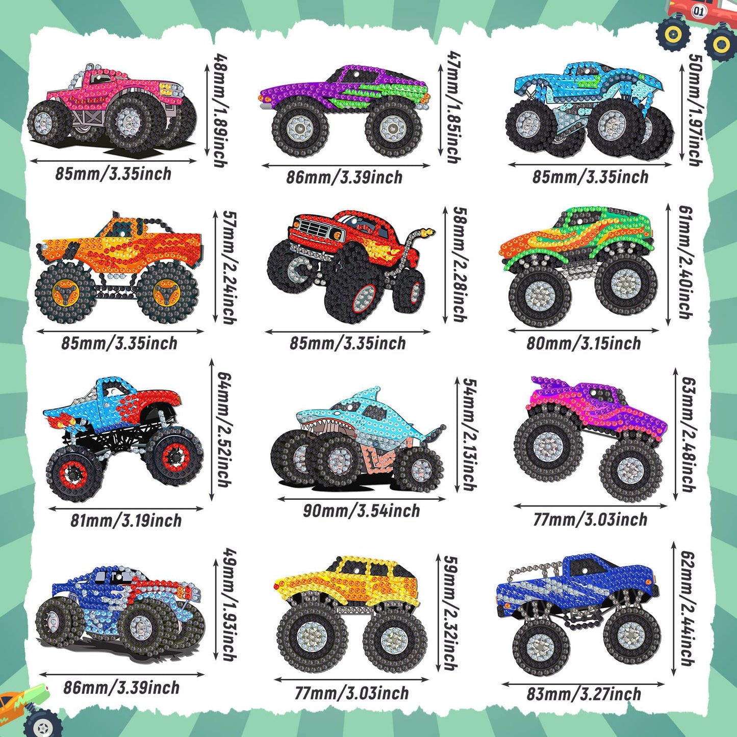 Thinkday 12 Pcs Trucks Diamond Art Kits for Kids Painting Keychainsdiy 5d Acrylic Truck Diamond Art Key Chains for Adults Vehicle Rhinestone Hanging Pendants for Beginners Bags