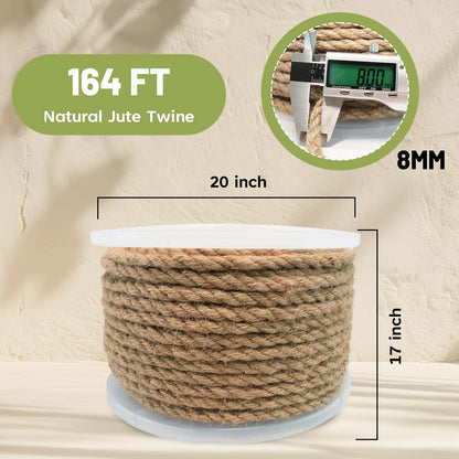 SDHUATUO Jute Twine Rope 8mm x 164ft, Natural Hemp String for Gardening, Crafting, Cat Scratching Post, DIY Crafts, Bundling, Home Decor