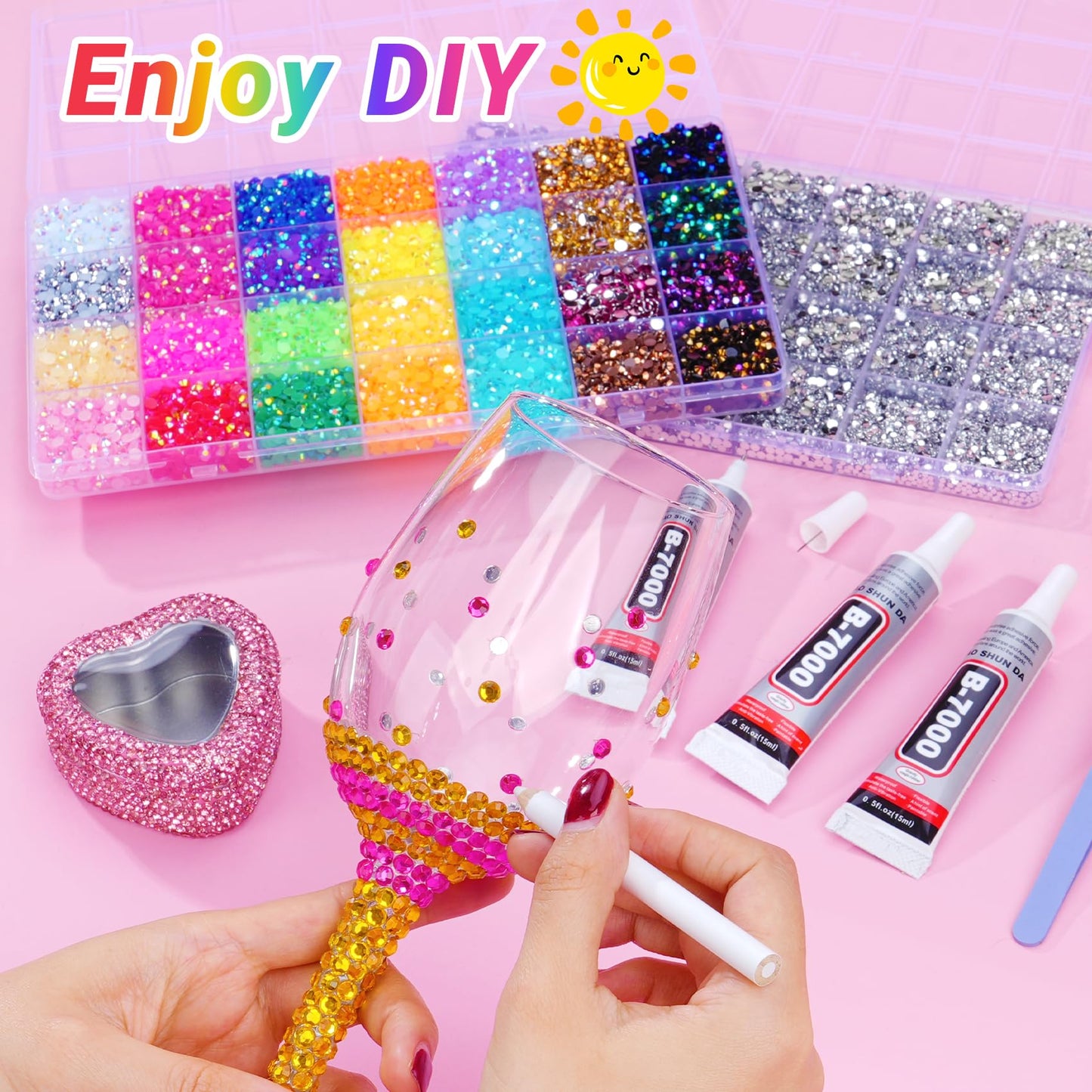 46000Pcs Jelly Rhinestones for Bedazzling, 2 Boxes Multicolor 4mm & Silver Clear 2/3/4/5/6mm Resin Flatback Gems for Crafting, Bedazzler Kit with 3Pcs 15ml B7000 Jewelry Glue for Book Clothes Crafts