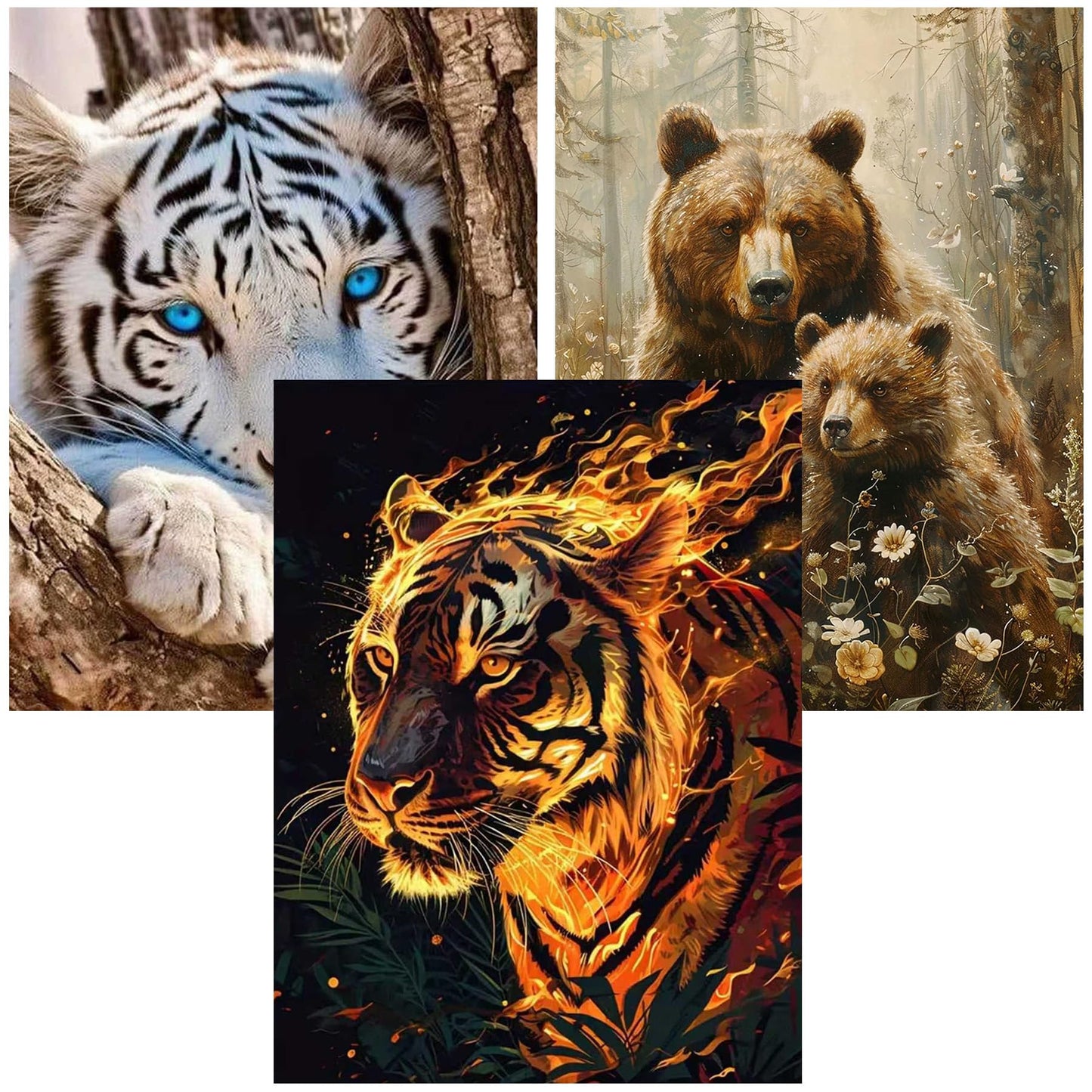 ijbnhd 3 Pack Diamond Art Kits for Adults, Animals Diamond Painting Kits for Adults Beginners, 5D DIY Paint with Diamonds Gem Art Dots Set for Home Wall Decor 12 x 16 Inch (Bear and Tiger)
