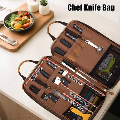 Damero Chef Knife Bag, Waxed Canvas Chef Storage Bag with 11 Slots and 2 Mesh Pockets, Knife Carrier Travel Knife Bag with Top Handles and Detachable Shoulder Strap for Kitchen Tools & Chef Utensils