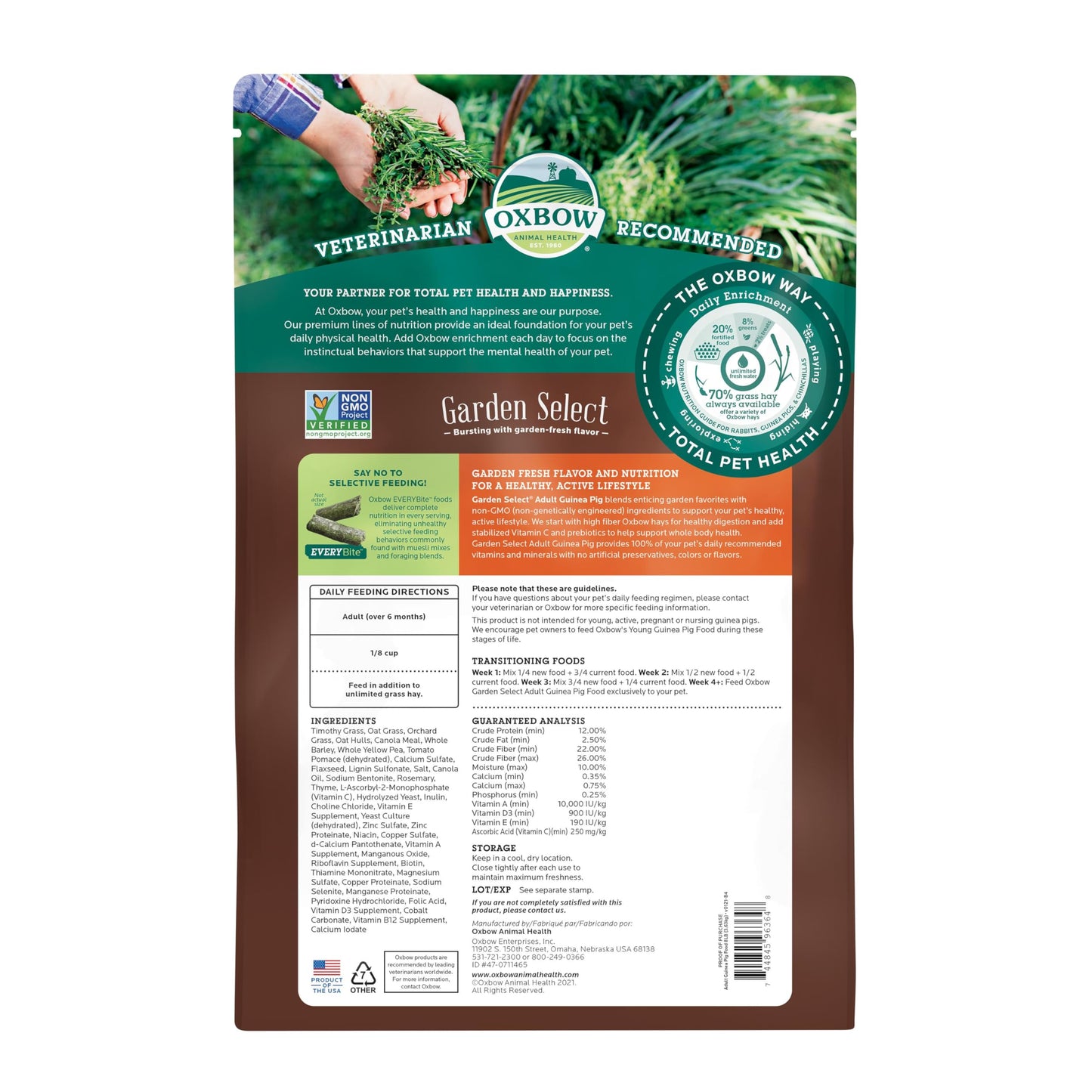 Oxbow Garden Select Guinea Pig Food, Adult, Made Timothy Hay for Guinea Pig, Pet Food Pellets with Vitamin C, Non-GMO, Small Animal Pet Products, Made in USA, High Fiber, 8 lb. Bag