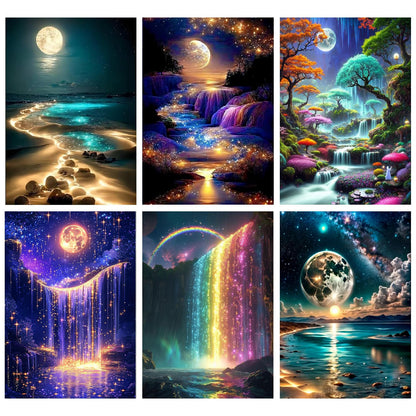 Mowana 6 Pack Diamond Art Kits for Adults - Moon Beach Diamond Painting Kits for Adults Beginners, 5D DIY Round dots Full Drill Gem Art for Home Wall Decor and Gifts 12x16inch