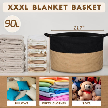 Gosipeya XXXLarge Woven Cotton Rope Basket (21.7" x 13.8") – Blanket Basket for Living Room, Laundry Hamper, Baby Laundry Hamper, Toy Storage, Pillows & Cushions Organizer (Black&Brown)