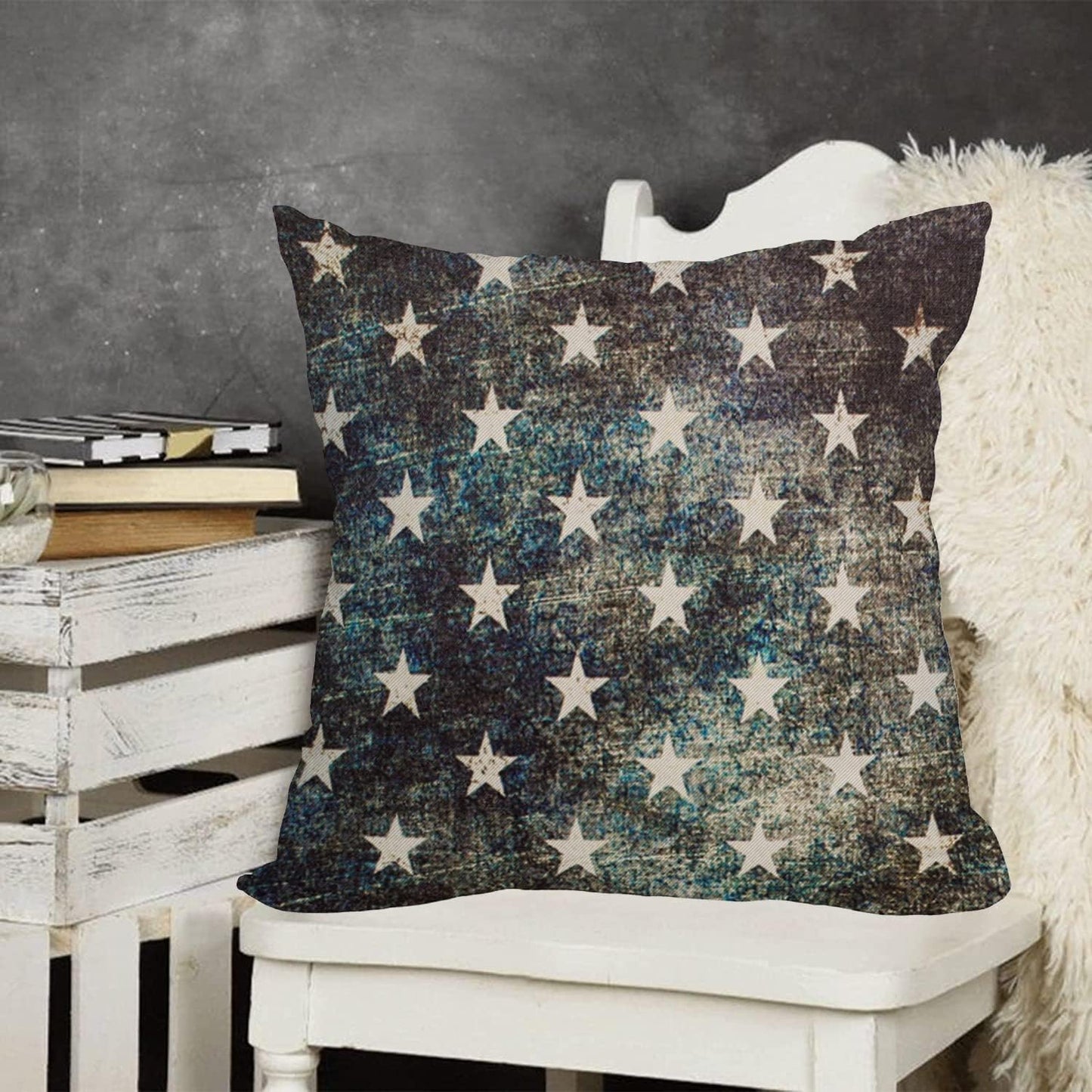 Waterproof Outdoor Pillow Covers 20x20 Inch, Vintage 4th of July American Flag Navy Stars Throw Cases, Patriotic