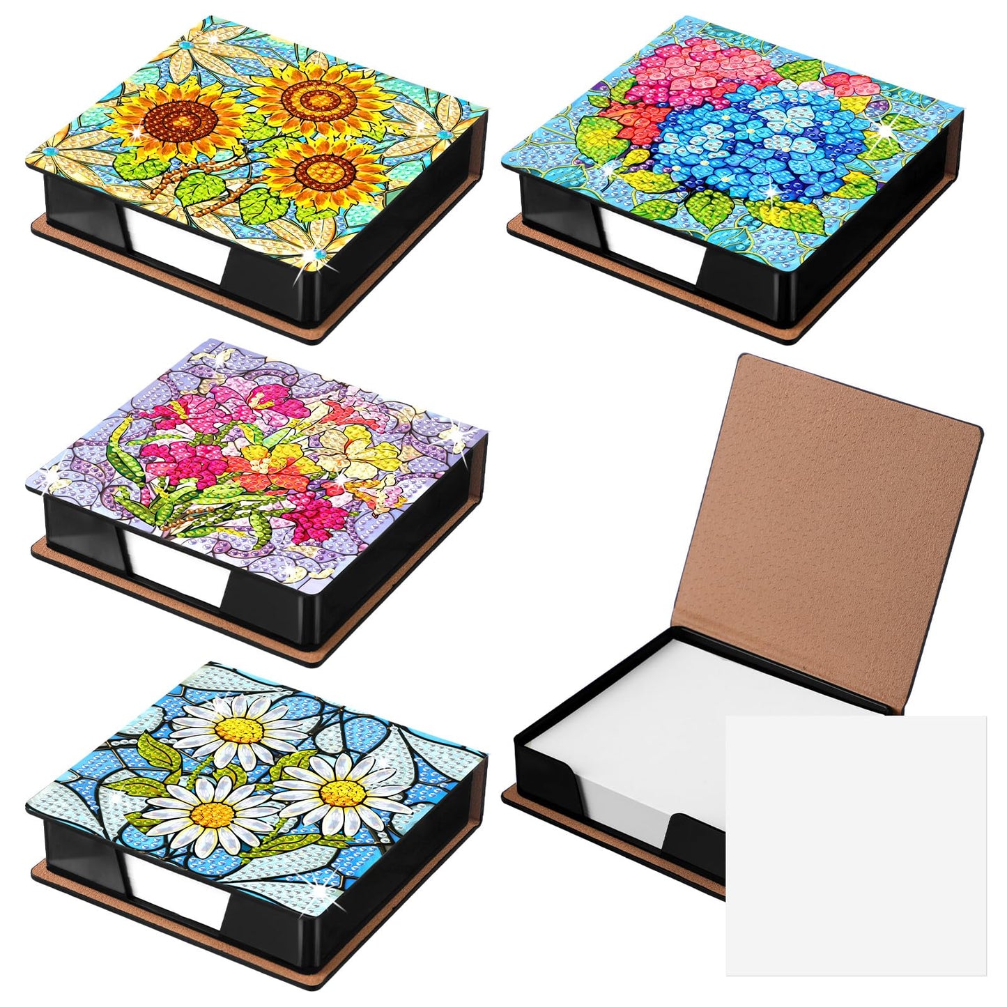 Saillong 4 Pcs Flower Theme Diamond Art Note Box Kit Sunflower Daisy Diamond Painting Memo Box Hydrangea Paper Holders with 160 Sticky Notes for DIY Office Supplies Gifts