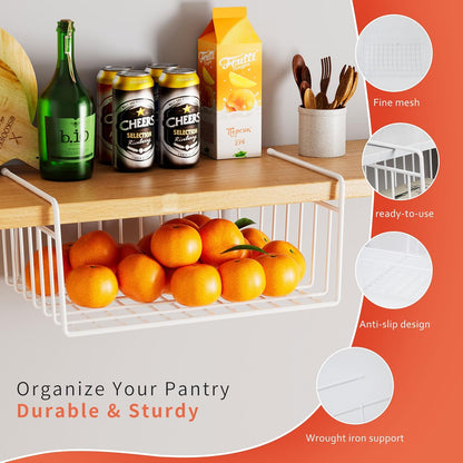 SUFAUY Under Shelf Basket Organizer, Holds up to 22lbs, Kitchen Pantry Storage Bin, White, 4 PCS