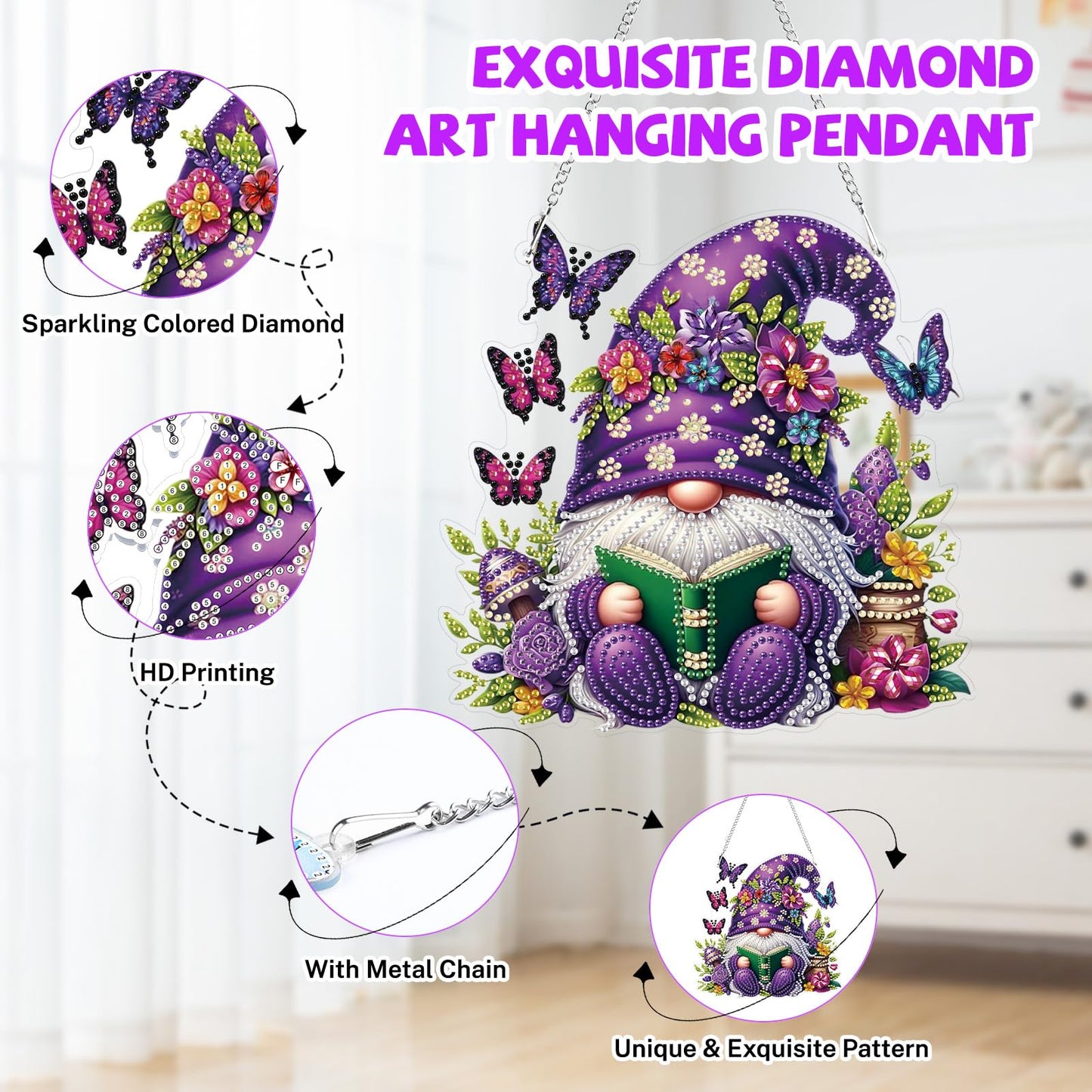 Bowetile Gnome Diamond Art Hanging Kits for Adults, 5D Special Shape Diamond Painting Flowers Pendant Kits, Gem Art Suncatchers Painting Window Ornament for Home Garden Wall Decor