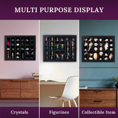 Premium Rock Display Case – Wooden Shadow Box with Shelves for Crystals, Seashell & Figurines – 30 Adjustable Compartments – Real Glass Door – Elegant Storage for Collectibles