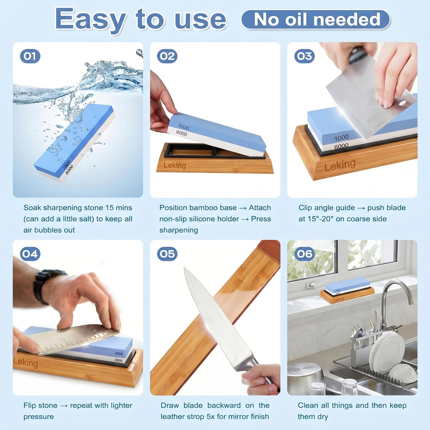 Leking Professional Knife Sharpener & Sharpening Stone Set: 1000/6000 Grit Dual-Sided Whetstone(7"x2.4"x1.2") with Bamboo Base, Non-Slip Silicone Holder, Angle Guide & Leather Strop Kit