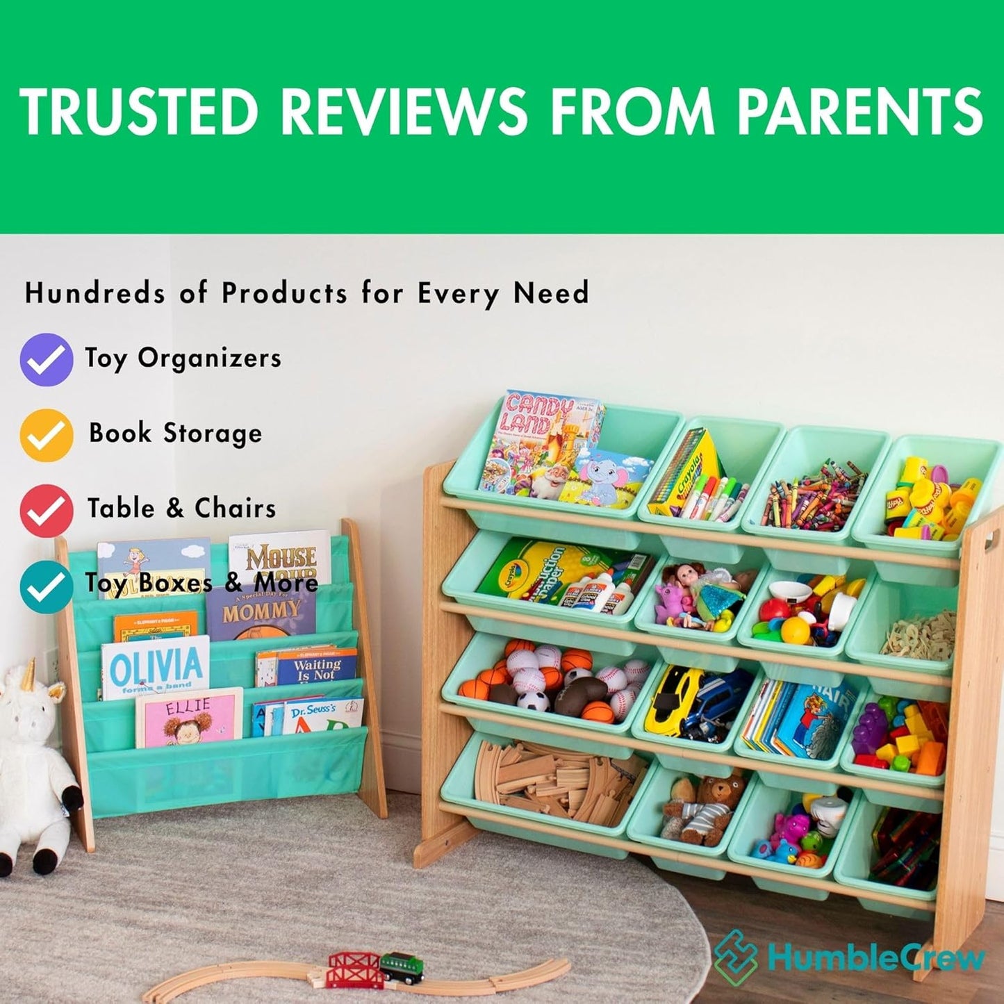 4-Tier Humble Crew Kids Bookshelf, Front-Facing Book Display Organizer, Montessori Toddler Bookcase for Playroom