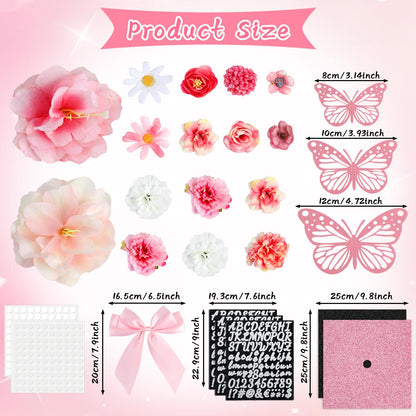 Naozinebi 55 Pcs Pink DIY Graduation Cap Decorations Faux Assorted Flowers Pink Bows 3D Butterfly Stickers Glitter Alphabet Letter Number Decals for DIY Hat Grad Cap Topper Graduation Party Supplies