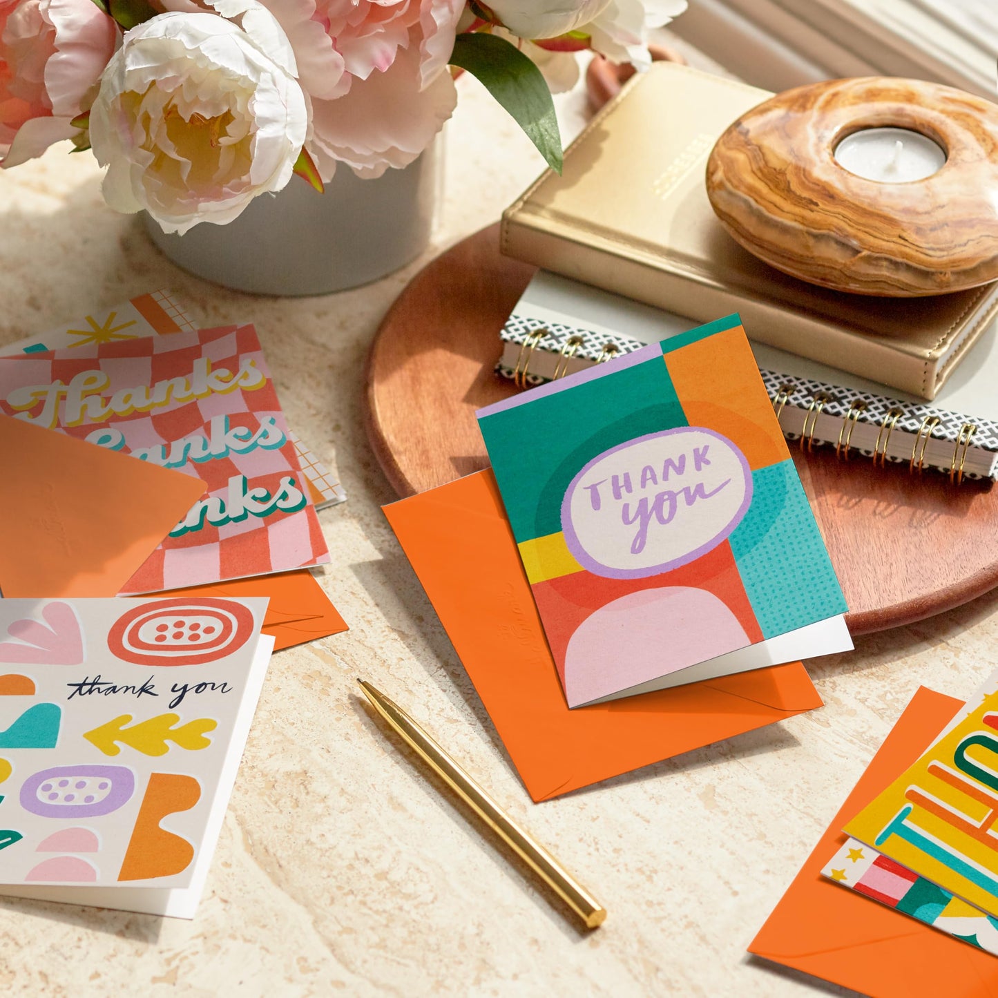 Hallmark Retro Thank You Card Assortment (24 Blank Cards with Envelopes) Orange, Yellow, Green, Pink