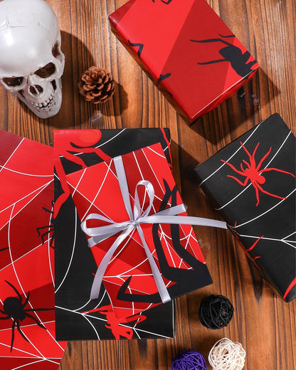 Pineraap 12 Sheets Black Spider Wrapping Paper, Gothic Red Spider Gift Wrap Paper, Nightmare Goth Decorative Craft Tissue Spider Party Decoration for Gothic Theme Birthday Party, 20"×28"