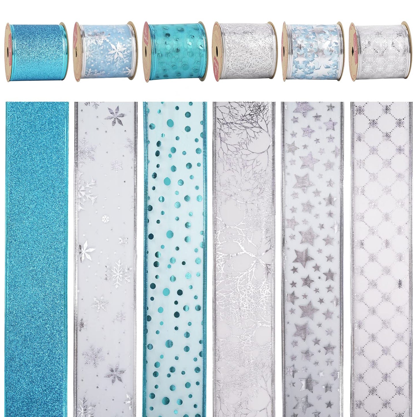MEEDEE Turquoise Christmas Ribbon - 2.5 Inch, 6 Rolls, 36 Yards - Blue & Silver for Christmas Tree