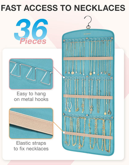 BAGSMART Hanging Jewelry Organizer, Large Teal Necklace Holder with 20 Jewelry Bags, Travel Storage Roll with Pockets
