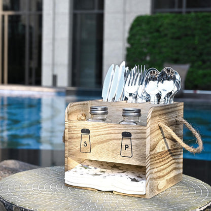 Ikee Design 2 Piece Wooden Utensil Caddy Set - Includes Free Salt Pepper Shaker, Oak Color Silverware Holder for Kitchen
