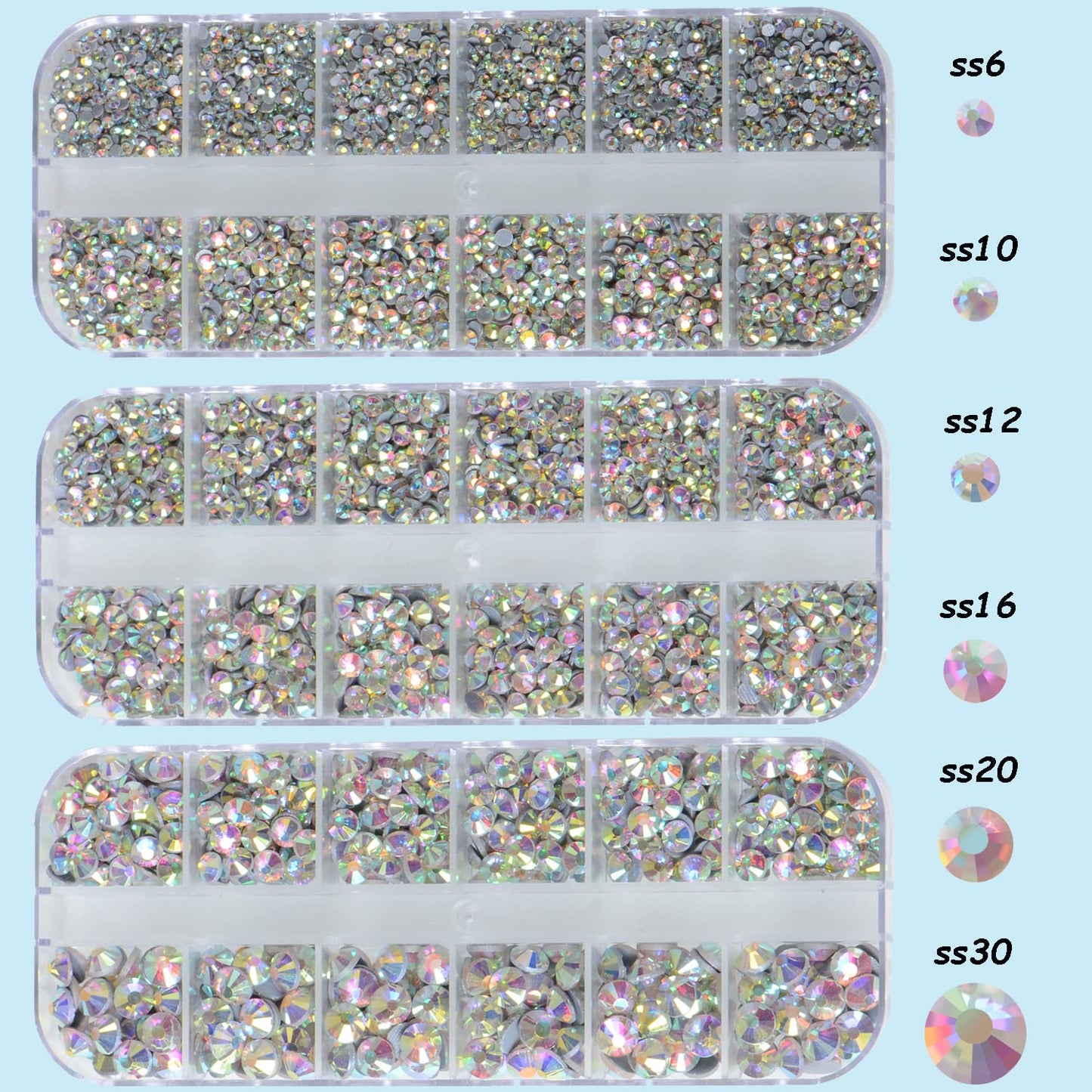 Massive Beads 6500pcs+ Flatback Glass Hotfix Iron On Rhinestones Crystal for DIY Making with 1 Tweezer & 1 Picking Pen for Shoes, Clothes, Face Art, Bags, Manicure (Crystal AB, 6-Sizes)
