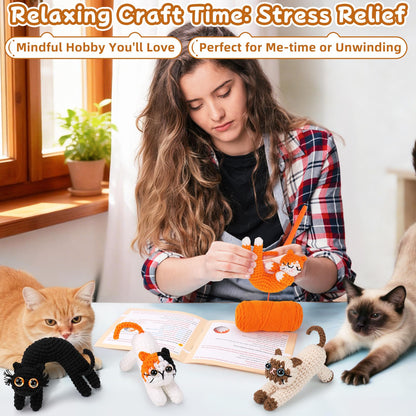 Crochet Kit for Beginners - 4 PCs Cat Crochet Kits with Step-by-Step Video Tutorials, Beginner Crochet Kit for Adults Kids, Learn to Crochet Animal Kit, Creative Crochet Gift for Cat Lovers